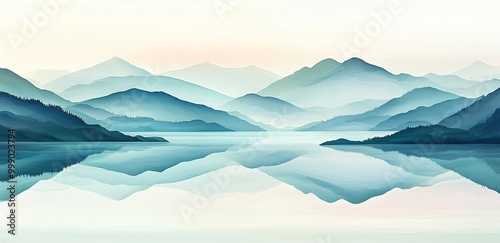 Serene landscape of misty mountains reflecting on a tranquil lake.