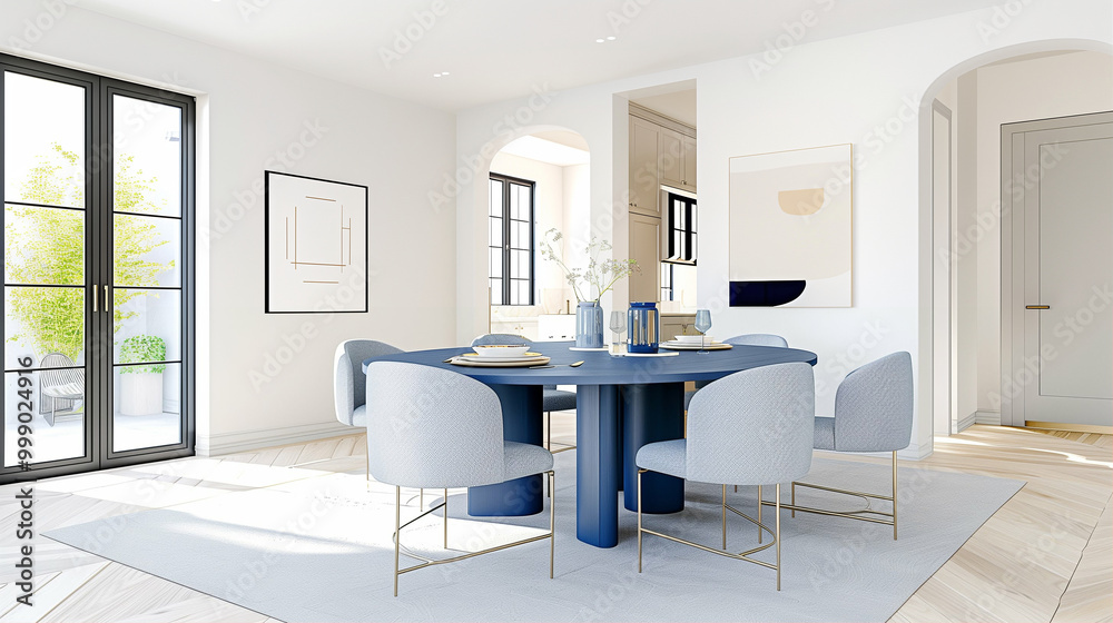 Dining room with modern interior design featuring a blue table and chic chairs Dining room with modern interior design featuring a blue table and chic chairs