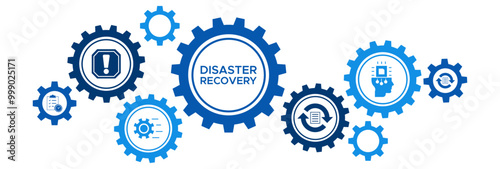 Technology Disaster Recovery and Infrastructure Management Banner with Incident, Server, Database, and Data Recovery System Icons