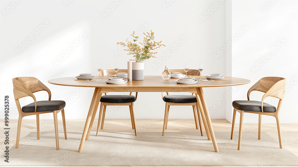 Dining table with stylish chairs in modern interior design featuring elegant decor and natural lighting Dining table with stylish chairs in modern interior design featuring elegant decor and natural lighting