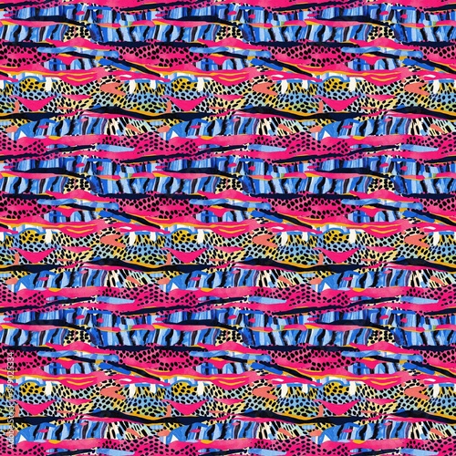 Fun girly camouflage pattern in vibrant stripes and spotted seamless design . Modern skin texture patched effect for festival and beach wear style in repeat .
