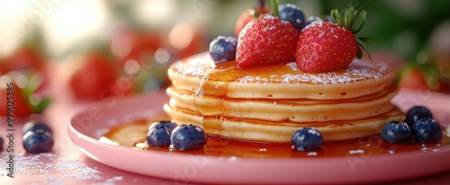 delicious stack of blueberry and strawberry pancakes drizzled with honey and syrup presented on a vibrant plate evoking a sense of indulgence and joy in food experiences