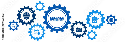 Release Management and Deployment Process Banner with Icons for Planning, Scheduling, Controlling, Testing, and Management