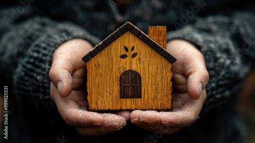 Hands holding a small wooden house photo