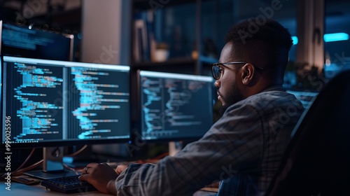 Programmer working on cybersecurity code in a dark office