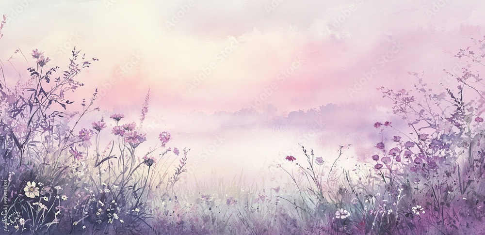 Watercolor painting of wildflowers in a foggy field at sunset. Watercolor painting of wildflowers in a foggy field at sunset.