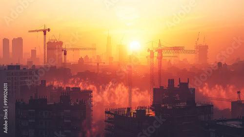 Sunset over a city with cranes in the background. The cranes are tall and the sky is orange