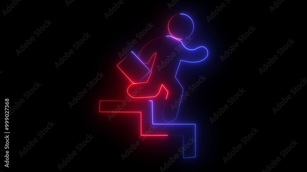 Glowing neon line red blue color con of a business person animation climbing stairs with a glowing neon effect Glowing neon line red blue color con of a business person animation climbing stairs with a glowing neon effect