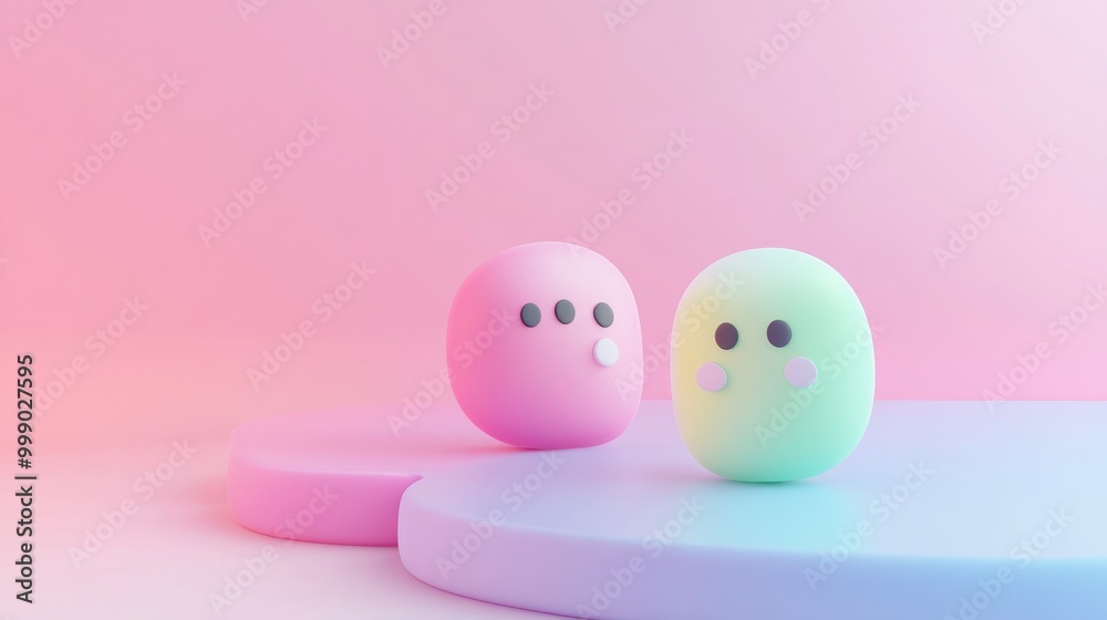 Two 3D cartoon characters with facial features on a pastel pink and blue podium against a pink background. Two 3D cartoon characters with facial features on a pastel pink and blue podium against a pink background.