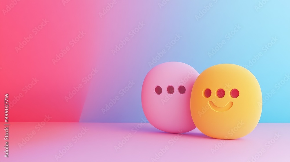 3D rendering of a pink chat bubble with three dots and a yellow smiley face chat bubble on a pink and blue gradient background. 3D rendering of a pink chat bubble with three dots and a yellow smiley face chat bubble on a pink and blue gradient background.