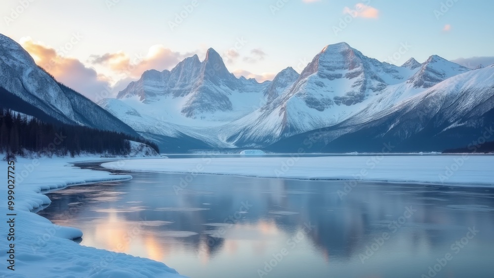 Fototapeta premium Generative AI, a mountain range is reflected in a lake surrounded by snow covered mountains and ice floese covered water, 4k uhd image, a matte painting, superflat