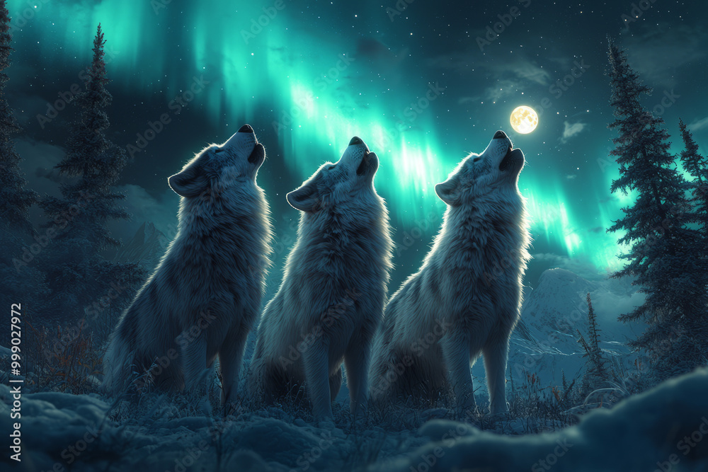 Obraz premium wolves in Alaska, howling at the moon in a profile side view, during night time aurora northern lights,