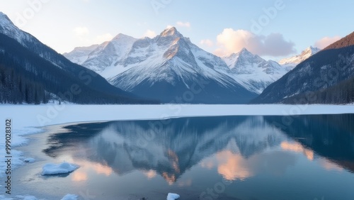 Generative AI, a mountain range is reflected in a lake surrounded by snow covered mountains and ice floese covered water, 4k uhd image, a matte painting, superflat
