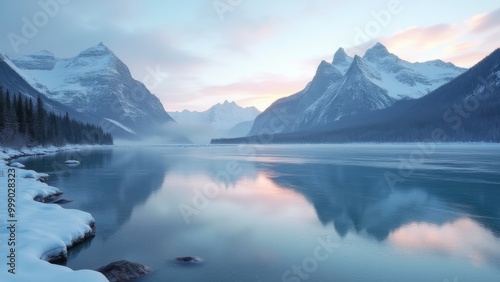 Generative AI, a mountain range is reflected in a lake surrounded by snow covered mountains and ice floese covered water, 4k uhd image, a matte painting, superflat 