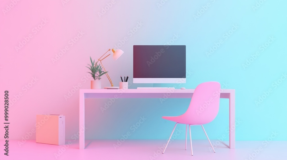 Minimalist home office with pink and blue gradient wall, desk, computer, lamp, plant, chair and file box.
