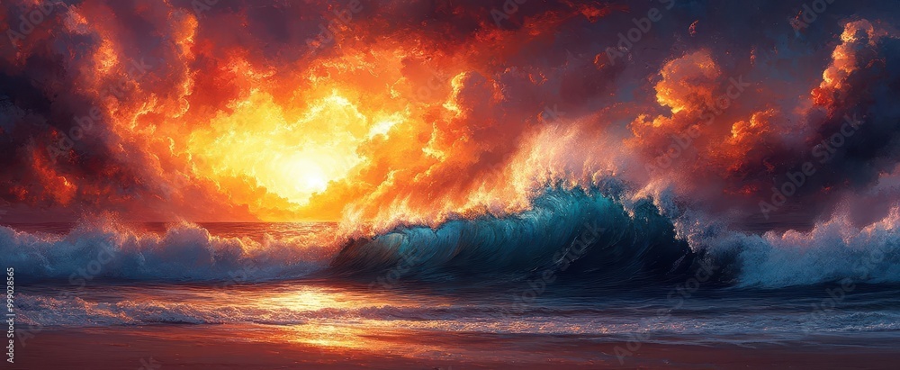 dramatic beach scene where fiery waves recede creating a striking contrast as a massive blue wave prepares to crash down reflecting chaos and beauty dramatic beach scene where fiery waves recede creating a striking contrast as a massive blue wave prepares to crash down reflecting chaos and beauty