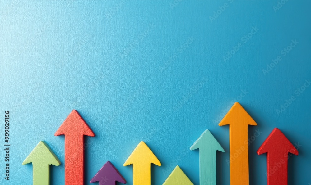 Colorful arrows pointing upwards against a blue background. Colorful arrows pointing upwards against a blue background.
