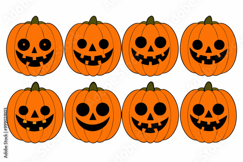 Halloween pumpkin icons set. Vintage funny pumpkins isolated on white background. Monsters faces. Design elements for logo, badges, banners, labels, posters. Vector illustration