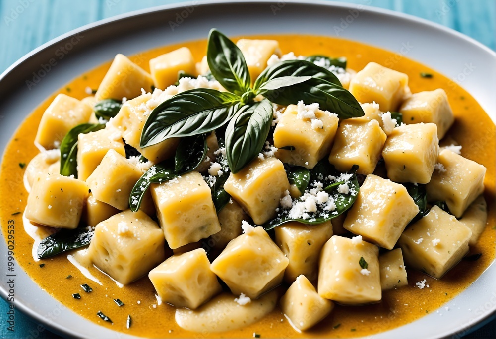 golden fried pasta cubes with fresh basil leaves on a blue plate golden fried pasta cubes with fresh basil leaves on a blue plate