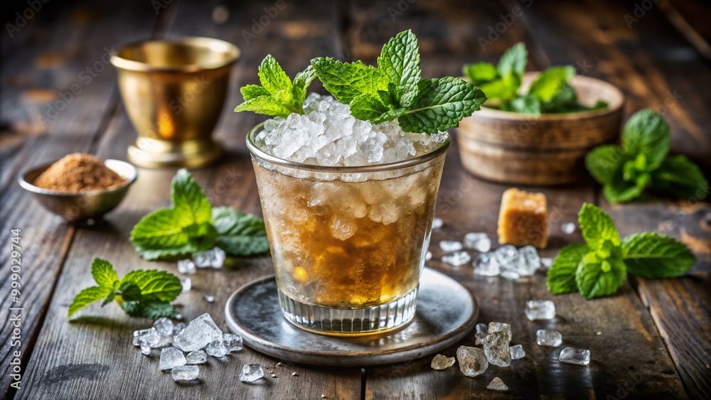 Refreshing Mint Julep Cocktail Served Over Crushed Ice with Fresh Mint Leaves and Sugar on a Rustic Wooden Table Refreshing Mint Julep Cocktail Served Over Crushed Ice with Fresh Mint Leaves and Sugar on a Rustic Wooden Table