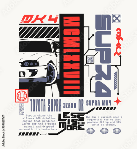 less is more. futuristic typography t-shirt design. T shirt print design with supra car. T-shirt design with typography for tee print, apparel, clothing, and poster