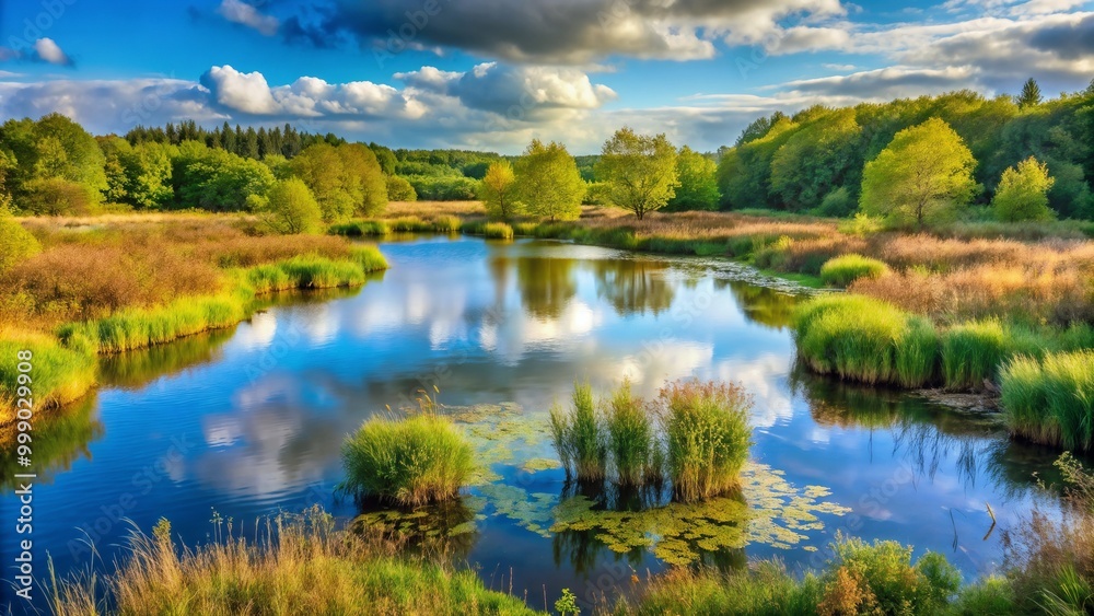 Scenic Nature Reserve with Calm Waters and Lush Green Vegetation Reflected Under a Bright Sky Scenic Nature Reserve with Calm Waters and Lush Green Vegetation Reflected Under a Bright Sky