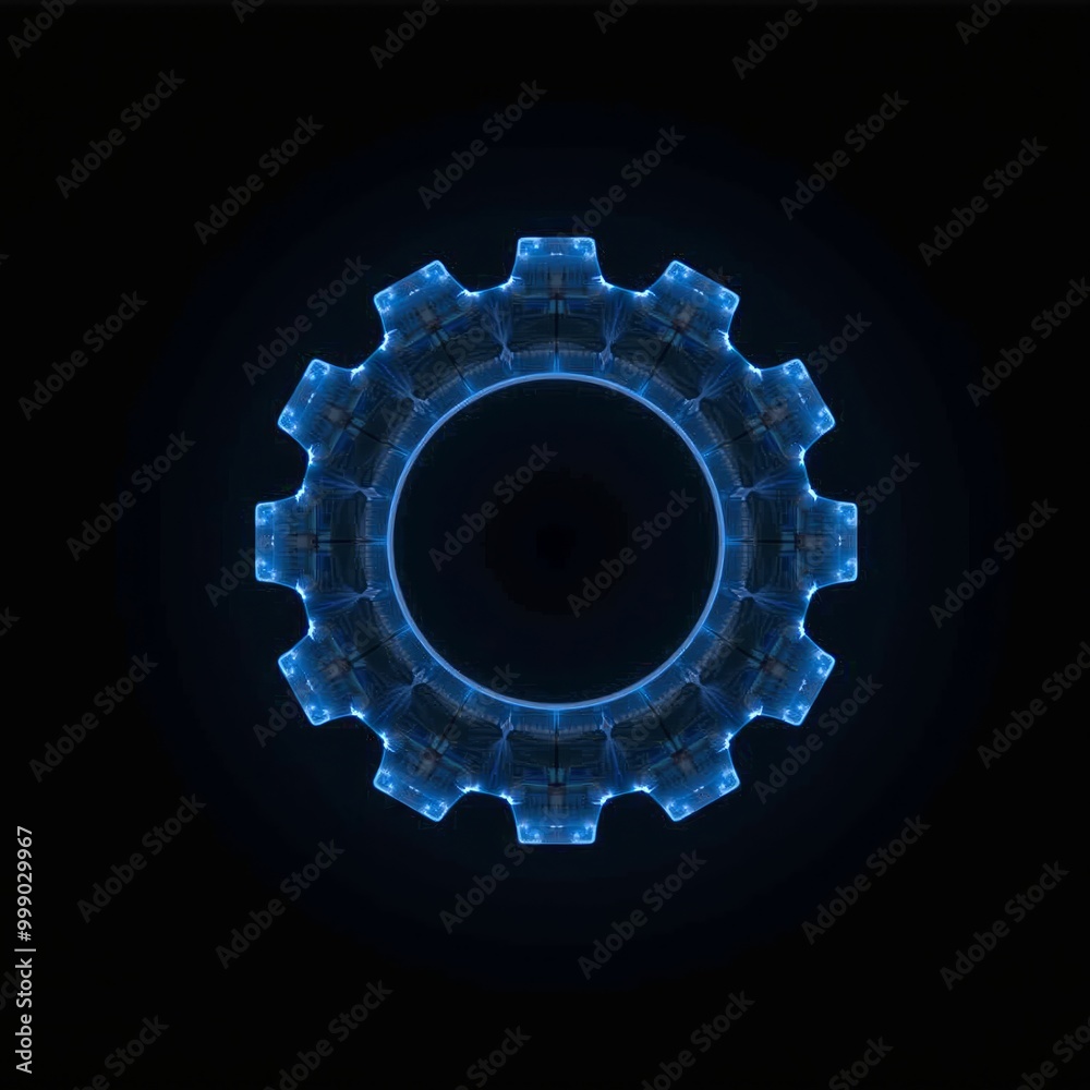 Polygonal blue hologram of gear symbol on dark background. Polygonal blue hologram of gear symbol on dark background.