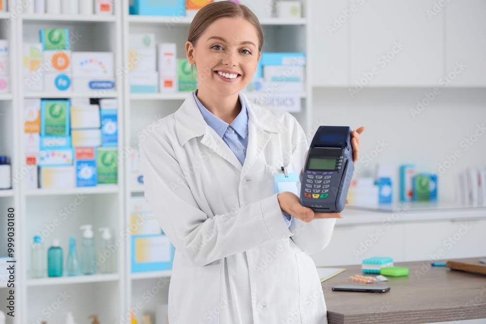 Female pharmacist with payment terminal at pharmacy Female pharmacist with payment terminal at pharmacy
