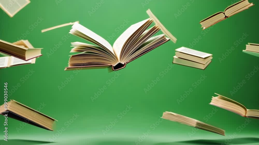 Books floating in the air against a vibrant background, perfect for creative projects. Ideal for education, literature, and reading themes
