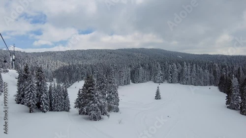 An aerial view of Uludağ Mountain on a snowy day, with trees blanketed in white snow under a blue, cloudy sky. The scene pans from above Uludağ, near Bursa city, Turkey.