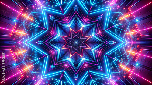 Hypnotic and vibrant kaleidoscope of neon lights, ideal for creating a visually striking and engaging website