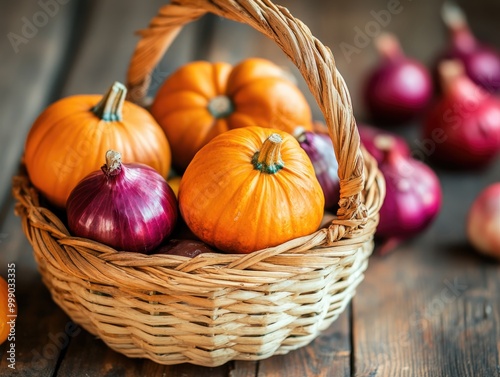 Wallpaper Mural pumpkin onion basket on wooden table Torontodigital.ca
