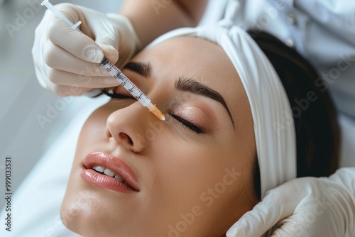 Cosmetologist performing botox injection on woman's face, space for text, blurred background