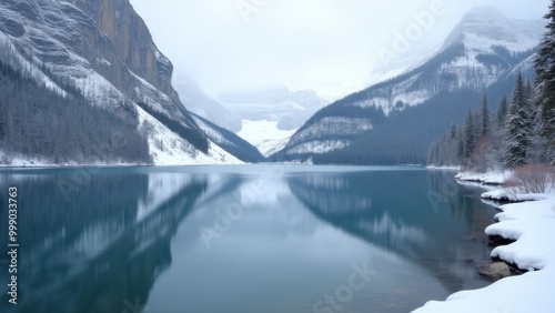 Generative AI, a lake surrounded by snow covered mountains and evergreen trees in the foreground, with a foggy sky, volumetric fog, a matte painting, tonalism

