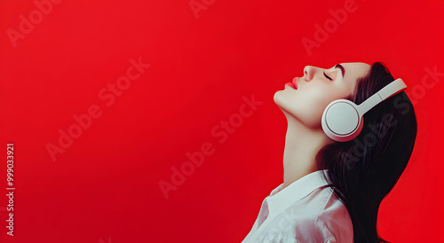 Beautiful girl wearing headphones and listening to music on red background with copy space, banner template. Concept of listening to music. . photo