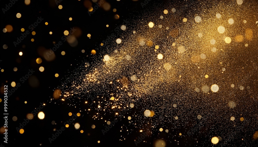 Gold glitter on a black background. Glitter of dust confetti. Sequin pattern texture. background with particles