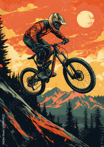 Mountain Biker Soaring Against Vibrant Sunset in Rugged Terrain