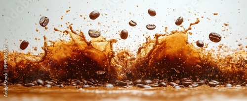 dynamic splash of coffee beans exploding in midair against a stark white background creating a sense of motion and energy perfect for coffeerelated themes and vibrant visuals photo