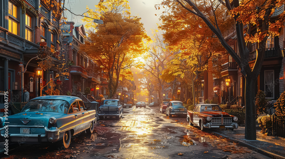Street with houses and trees in the background. The street is lined with trees and houses, and there are cars parked along the street. The leaves on the trees are changing colors Street with houses and trees in the background. The street is lined with trees and houses, and there are cars parked along the street. The leaves on the trees are changing colors