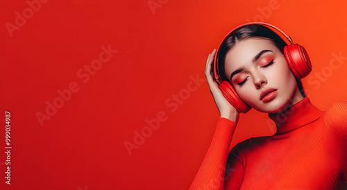 Beautiful girl wearing headphones and listening to music on red background with copy space, banner template. Concept of listening to music. . photo