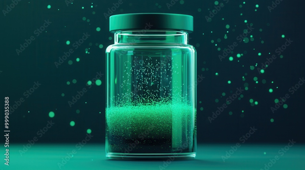 A glass jar filled with shimmering green particles, surrounded by a soft glow, creates an enchanting, mystical atmosphere. A glass jar filled with shimmering green particles, surrounded by a soft glow, creates an enchanting, mystical atmosphere.