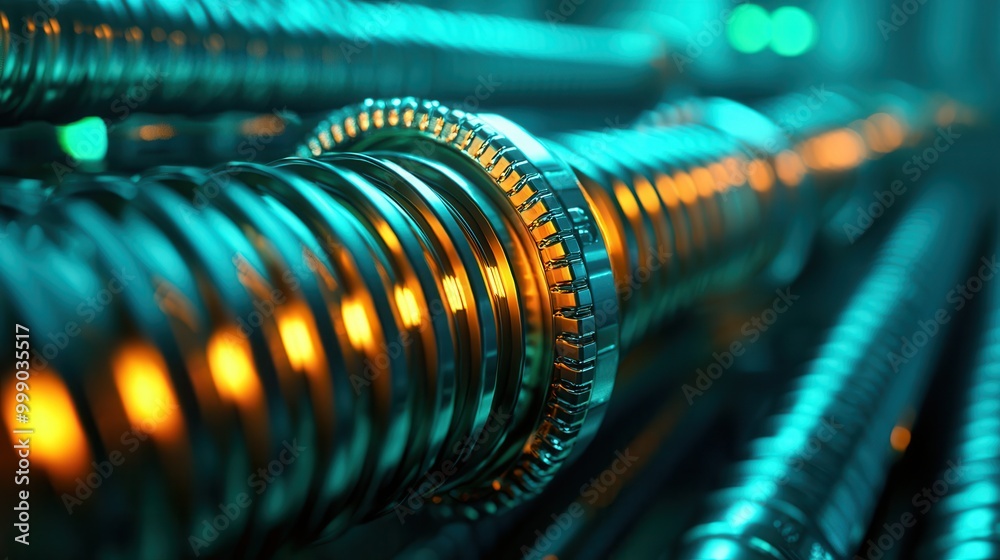 A close-up of metallic tubes showcasing intricate details, illuminated with a blue and orange glow, creating a futuristic aesthetic. A close-up of metallic tubes showcasing intricate details, illuminated with a blue and orange glow, creating a futuristic aesthetic.
