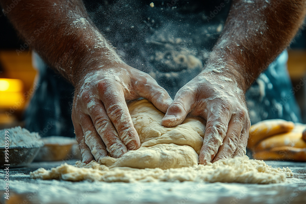 Baker is kneading dough on a wooden table covered in flour, creating a cloud of dust in the warm light of the kitchen. Baker is kneading dough on a wooden table covered in flour, creating a cloud of dust in the warm light of the kitchen.