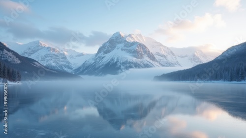 Generative AI, a mountain range is reflected in a lake surrounded by snow covered mountains and evergreen trees in the foreground, mountains, a matte painting, minimalism