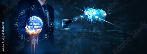 Obraz na plátně Software Development: Businessman hand hold and robot touching on software development technology on virtual interface