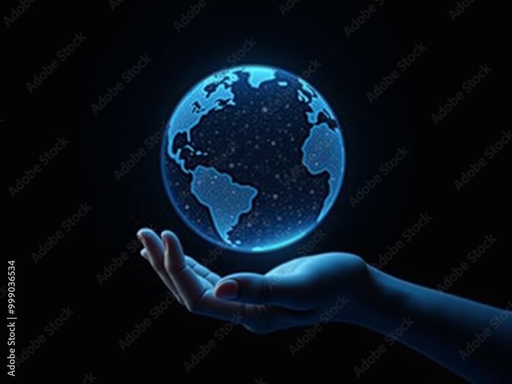 hand holding blue earth globe hologram on black background, technology development concept. hand holding blue earth globe hologram on black background, technology development concept.