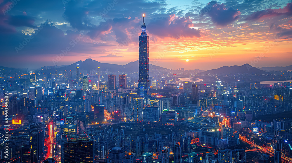 Fototapeta premium A glowing city skyline featuring a prominent skyscraper at twilight. The vibrant lights of the city contrast with the colorful sunset, with mountains visible in the background.