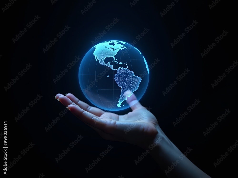 hand holding blue earth globe hologram on black background, technology development concept. hand holding blue earth globe hologram on black background, technology development concept.