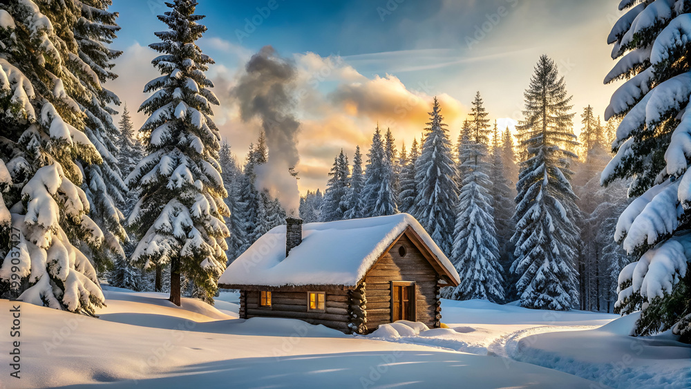 Rustic wooden cabin, adorned with a blanket of snow, stands as a symbol of winter charm and tranquility, surrounded by a peaceful forest setting. Rustic wooden cabin, adorned with a blanket of snow, stands as a symbol of winter charm and tranquility, surrounded by a peaceful forest setting.