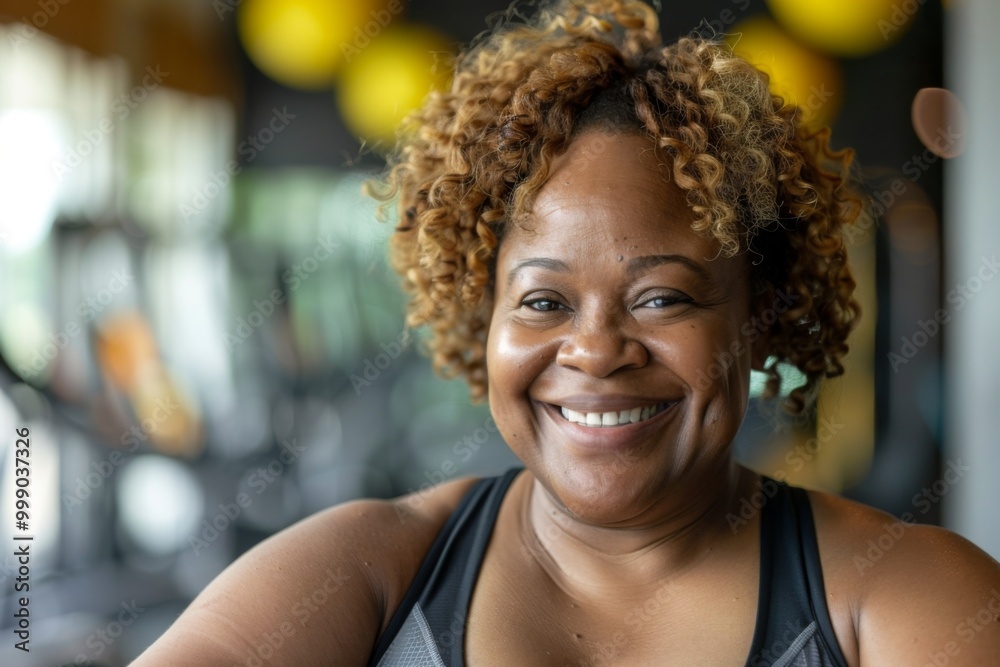 Smiling portrait of a slightly overweight African American woman in gym Smiling portrait of a slightly overweight African American woman in gym